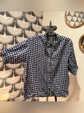 THE GREAT. Navy and White Gingham Button-Front Shirt